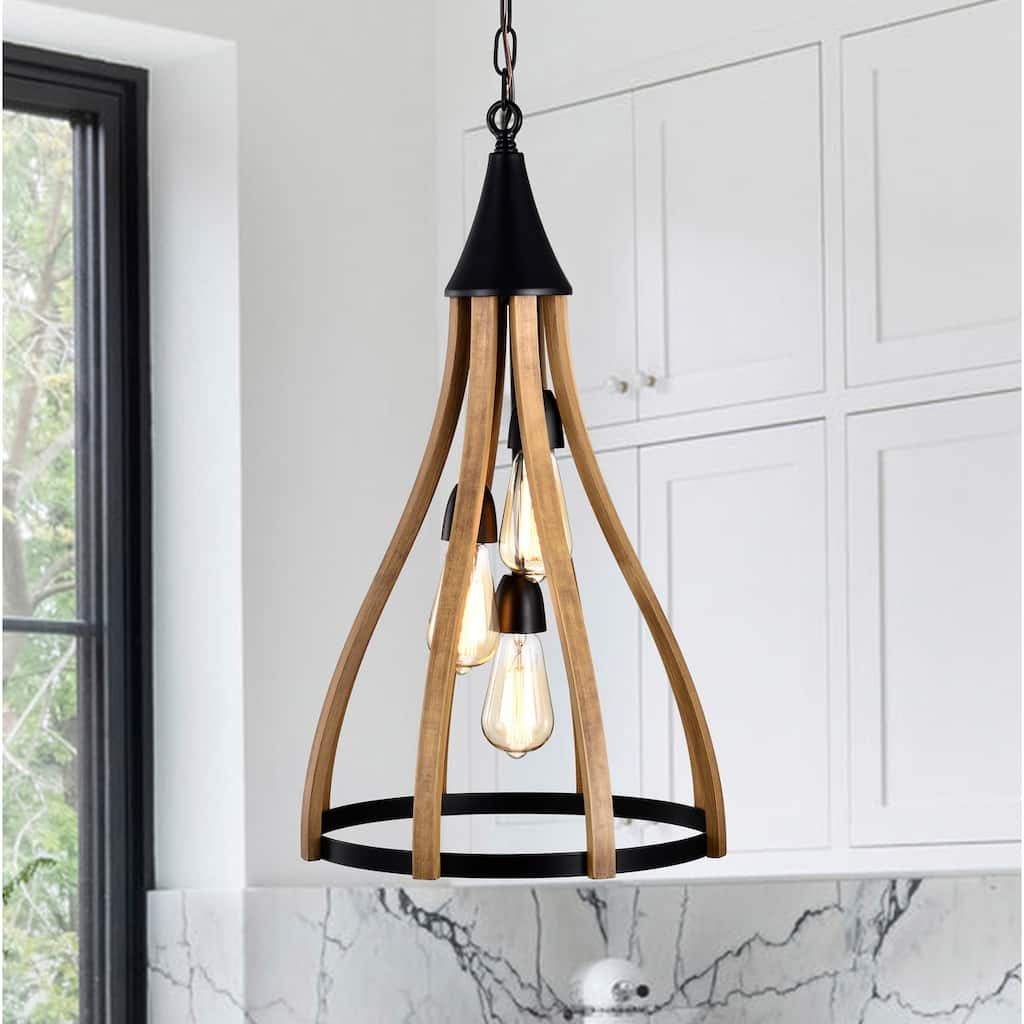 Vissenta 15 Inch Wood Grain Finish Farmhouse Style Pendant 3 Edison Light