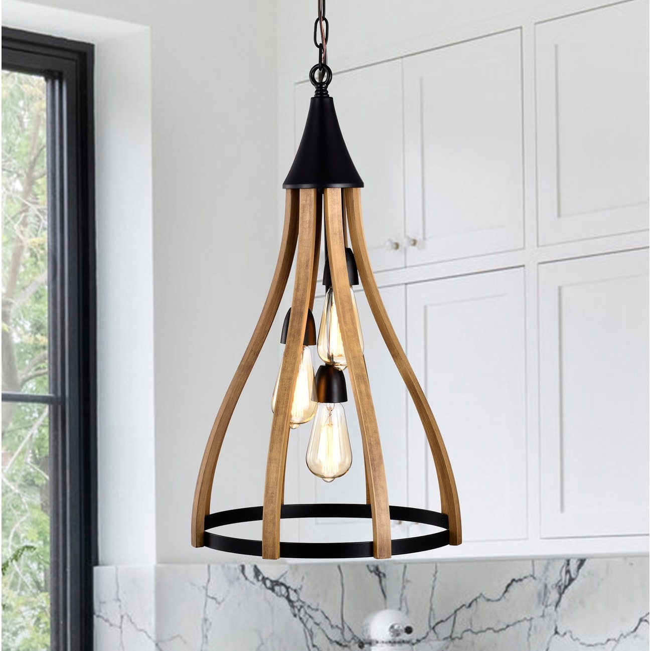 Warehouse of Tiffany Vissenta 15 Inch Wood Grain Finish Farmhouse Style Pendant 3 Edison Light