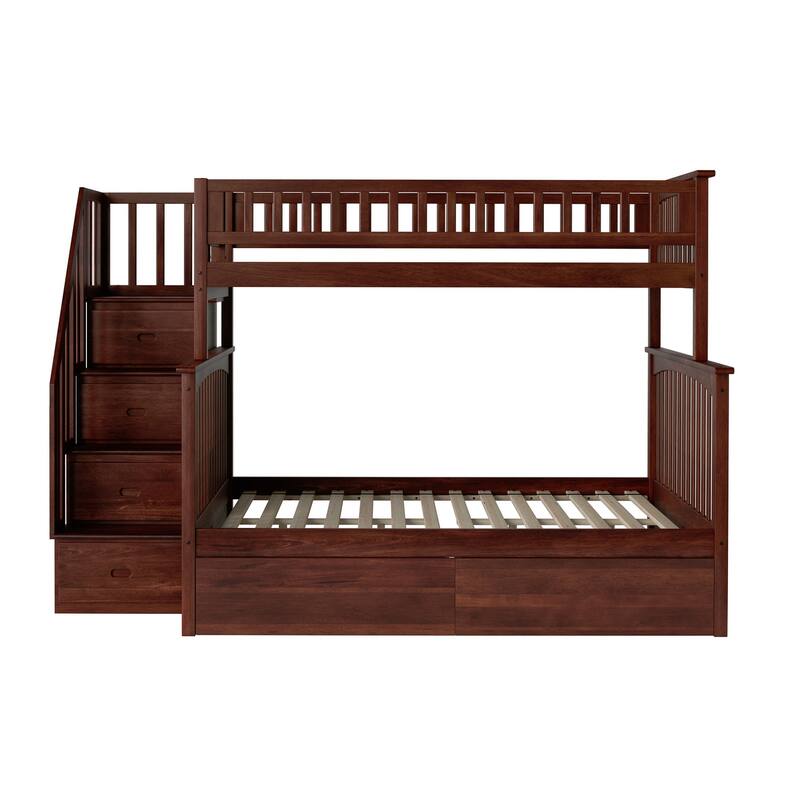 AFI Columbia Twin over Full Size Staircase Bunk Bed with Bed Drawers & Charging Station in Walnut