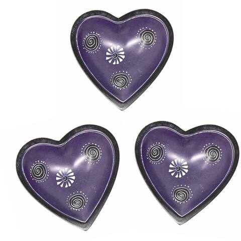 Small Soapstone Heart Bowls with Designs, Set of 3, Dark Purple