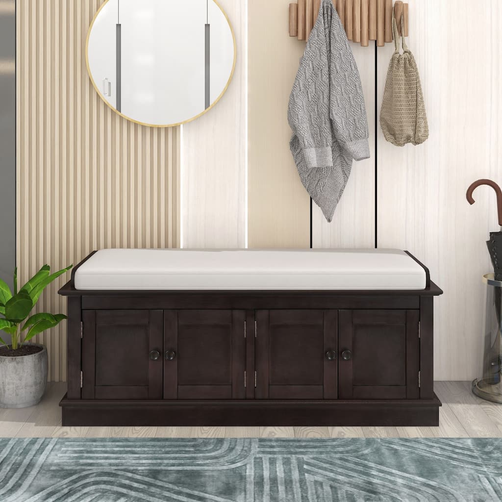 Storage Bench with 4 Doors and Adjustable Shelves, Shoe Bench with Removable Cushion for Living Room, Entryway