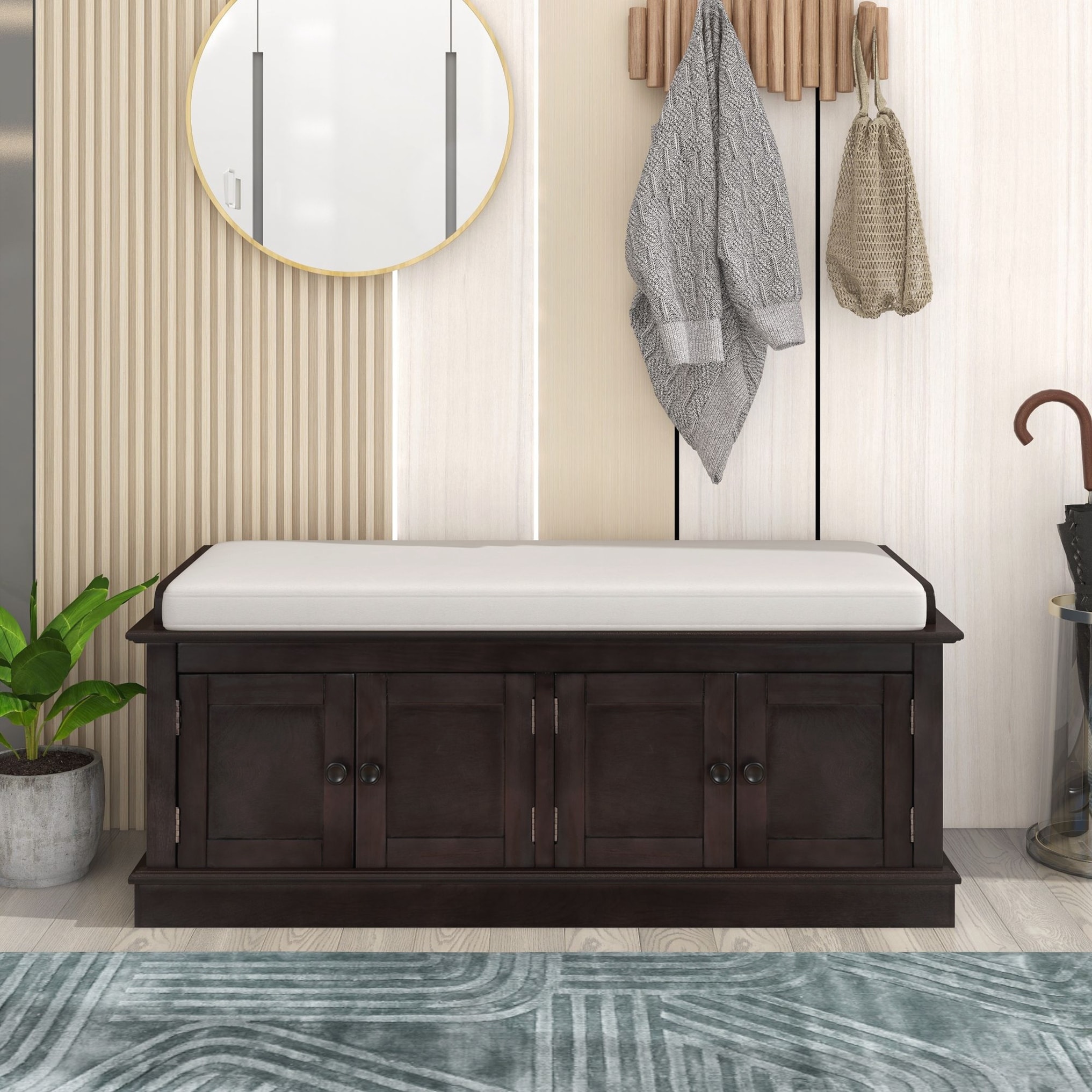 Storage Bench with 4 Doors and Adjustable Shelves, Shoe Bench with Removable Cushion for Living Room, Entryway