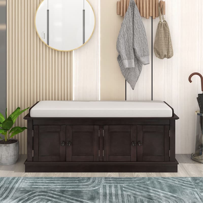 Storage Bench with 4 Doors and Adjustable Shelves, Shoe Bench with Removable Cushion for Living Room, Entryway