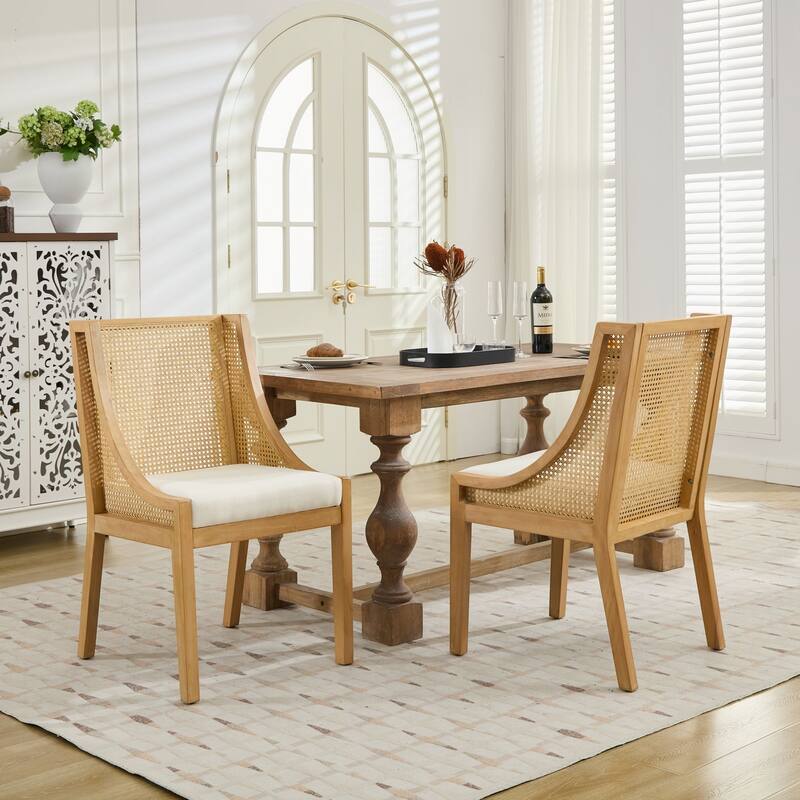 Rattan Dining Chairs, Solid Wood Frame with Decorative Armrests, Upholstered Seat, Rustic Wooden Style Side Chairs,Single Pack