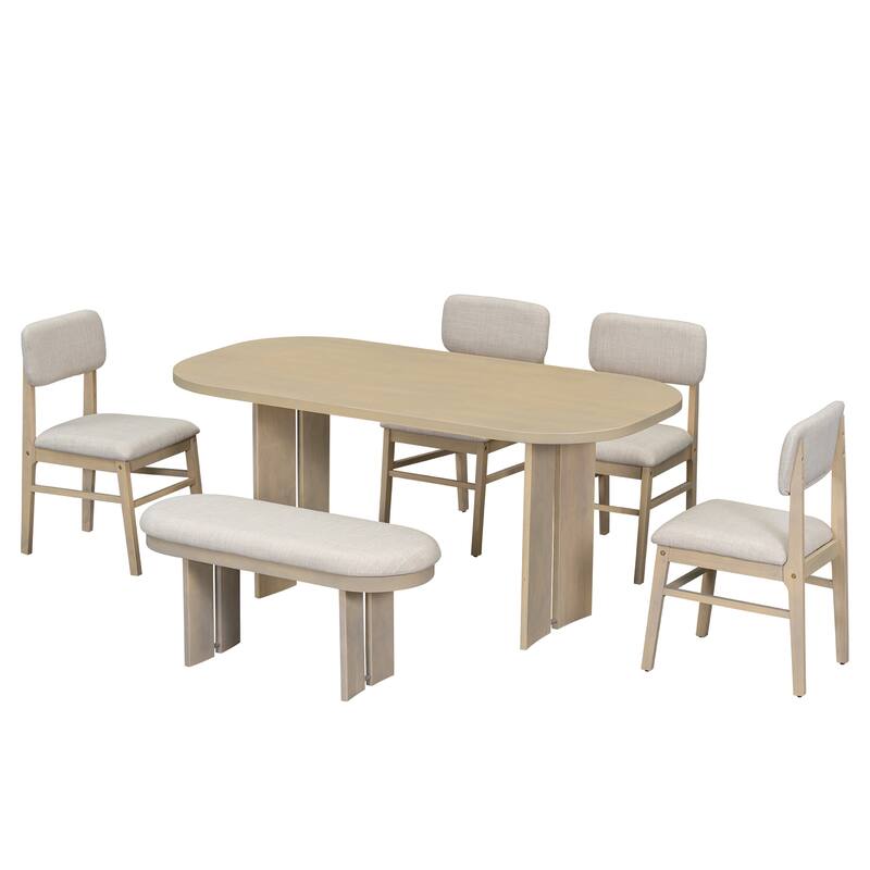 Solid Wood Dining Table Set with Bench - 6-Piece Upholstered Rectangular Dining Room Table Set with Bench