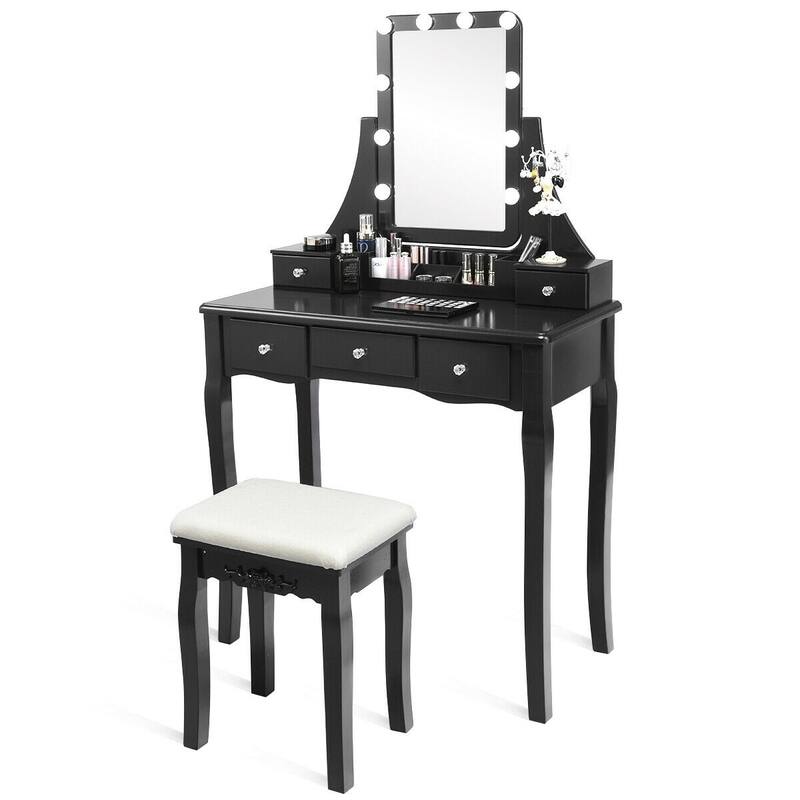 Gymax Vanity Dressing Table Set w/Removable Box &10 Dimmable Bulbs