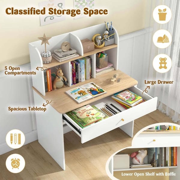 Wooden Children School Study Table Kids Desk w/ Hutch Storage Shelves