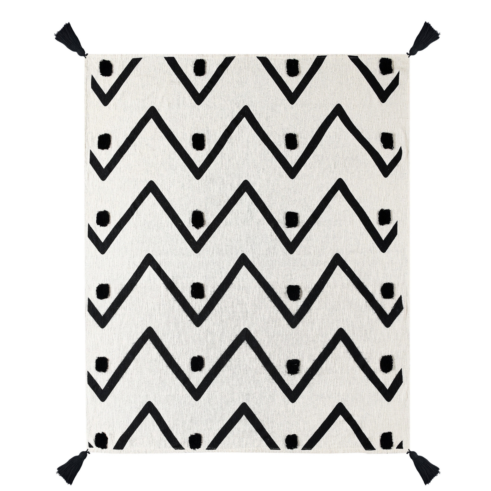 50 X 60 Black and White Woven Cotton Chevron Throw Blanket with Tassels