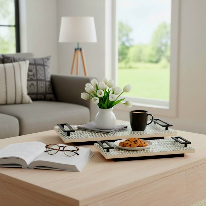 Wood Handled Decorative Trays Set of 2 - Black, 18" - 22.0"