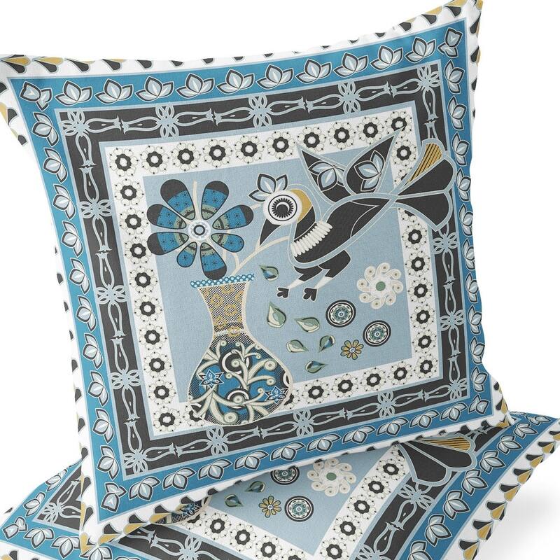 HomeRoots Set of Two 16" X 16" Blue and Black Peacock Blown Seam Floral Indoor Outdoor Throw Pillow - 16.00' X '16.00' X '5.00