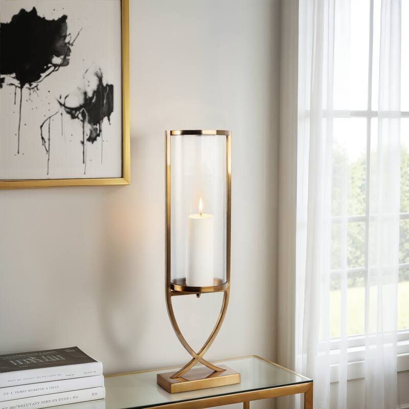 Modern Glass Pillar Candle Holder Decorative Lantern with Steel Frame