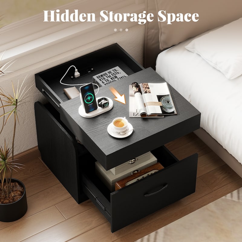 Gymax Nightstand w/ Charging Station Drawer & Sliding Top Storage Tray