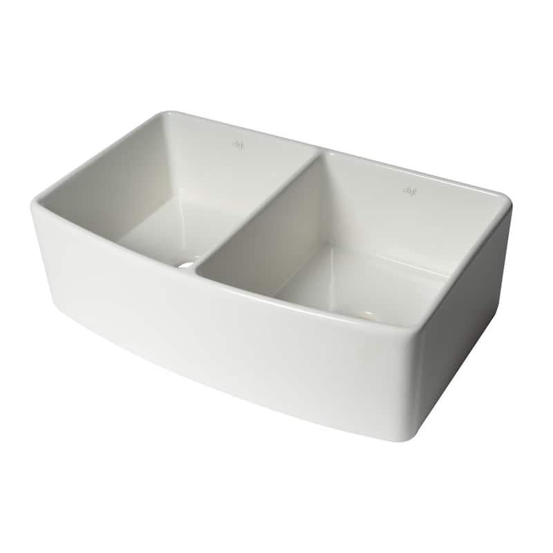 ALFI Brand White Smooth Curved Apron 33" x 20" Double Bowl Fireclay Farm Sink with Grid