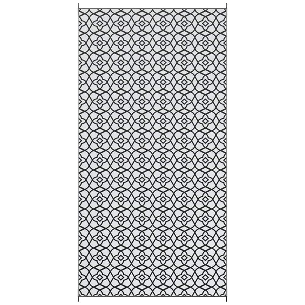 Black & White Clover Pattern Outdoor Rug Reversible Waterproof Polypropylene Camping Mat with Carry Bag - 215.7" L x 107.9" W