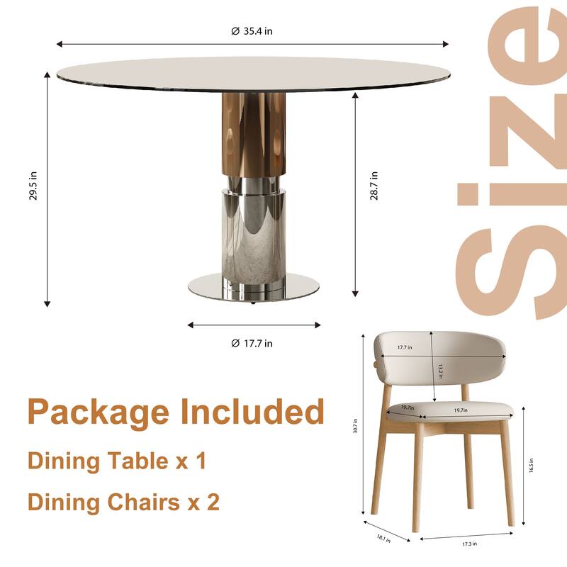 3 Piece Round Dining Table Set Tempered Glass Top Stainless Steel Base 4 Chairs
