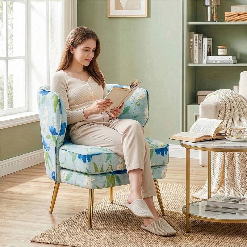 Mid Century Modern Upholstered Reading Chair with Lumbar Pillow, Gold Metal Legs, Small Space Friendly for Living Room Bedroom