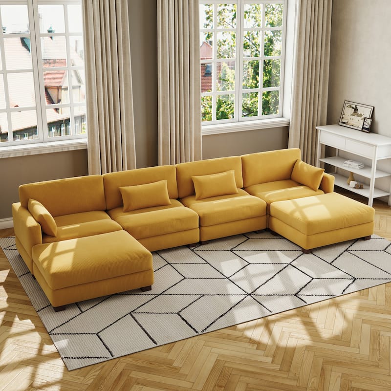 Corduroy Modular Sectional Sofa Couch With Chaise Ottoman - Orange-4 Piece