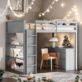 Full Size Loft Bed with Ladder, Shelves and Desk, Maximized Space, Grey