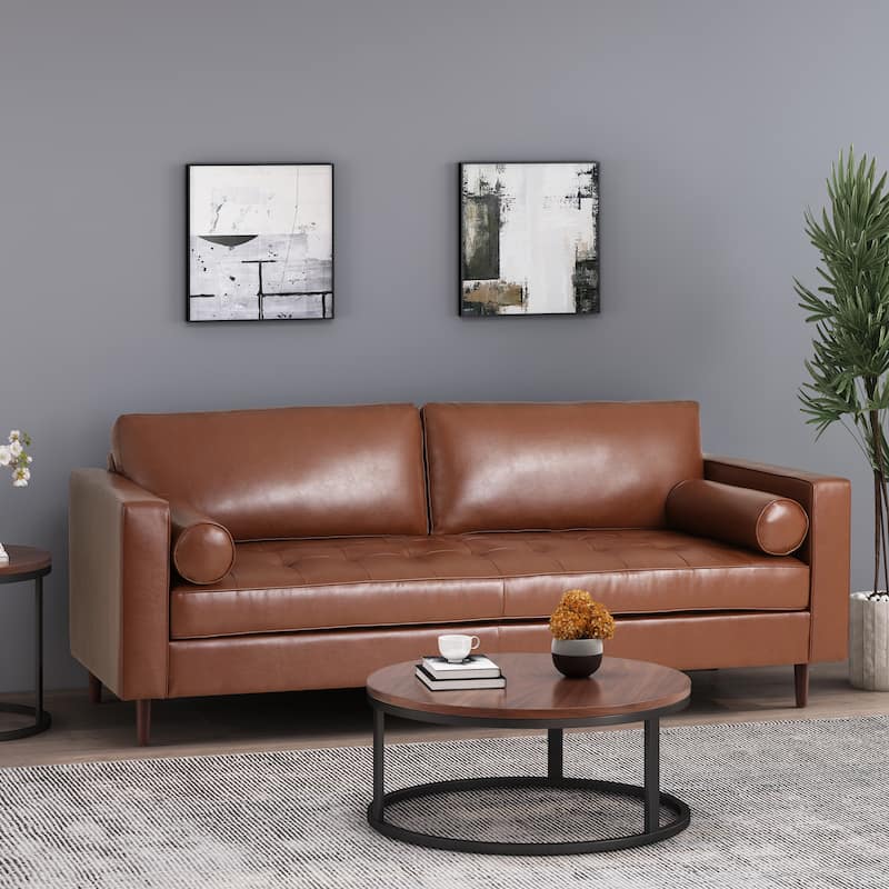 Malinta Contemporary Tufted 3 Seater Sofa by Christopher Knight Home - 82.25" L x 33.00" W x 33.00" H - Cognac Brown, Espresso