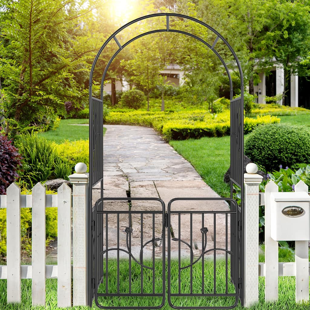 Garden Arch with Gate, Metal Garden Arbor for Climbing Plants Outdoor, Black Garden Archway for Lawn,Wedding Arches for Ceremony