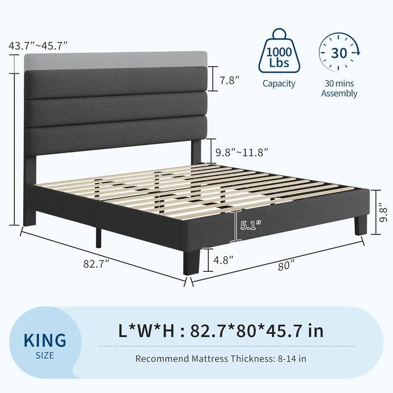 Bed Frame with Fabric Upholstered Adjustable Headboard, Wooden Slats Support