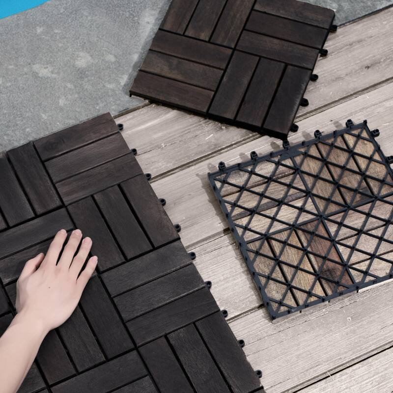 10 PCS Interlocking Deck Tiles Checker Pattern, 12" x 12" Square Acacia Hardwood Outdoor Flooring for Patio,Bancony,Pool Side