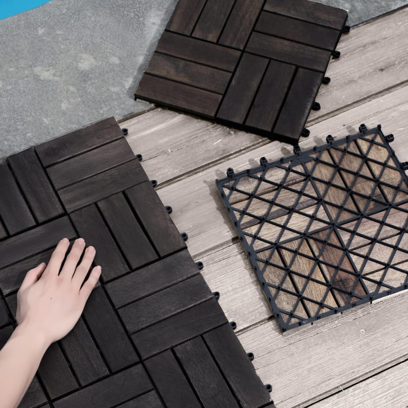 Acacia Wood Interlocking Deck Tiles Checker Pattern, 30 PCS 12" x 12" Dark Brown Square Acacia Hardwood Outdoor Flooring