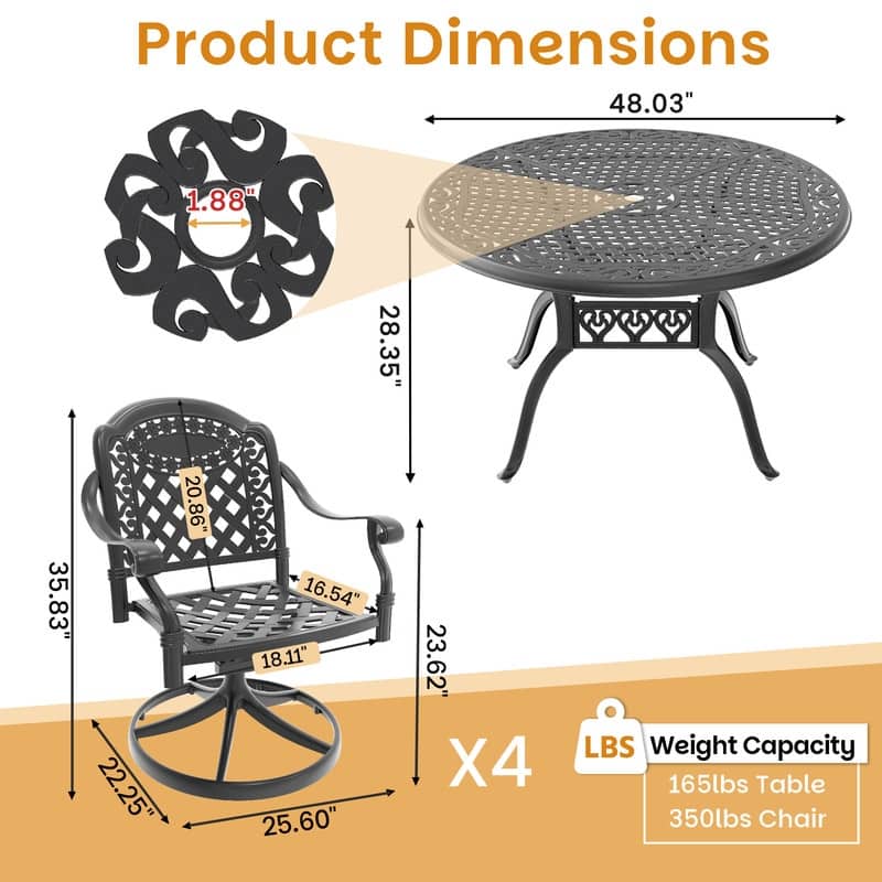 5-Piece Aluminum Round Outdoor Patio Dining Set, 4 Cushioned Swivel Chairs, Table, All-Weather Frames