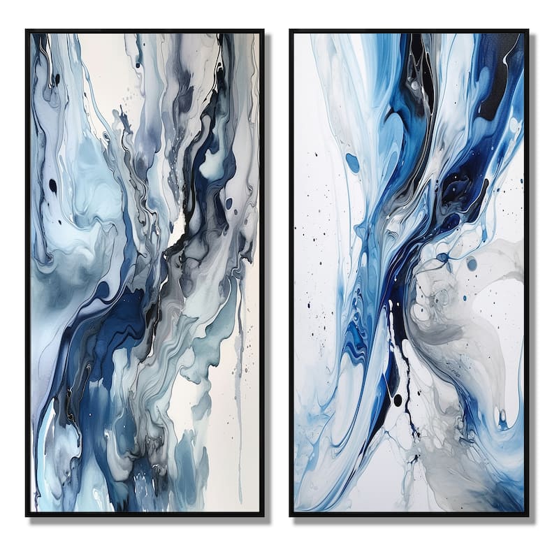 Designart "Blue and Grey Ethereal Elixir" Abstract Framed Wall Art Set Of 2 - Blue Gallery Set For Office Decor