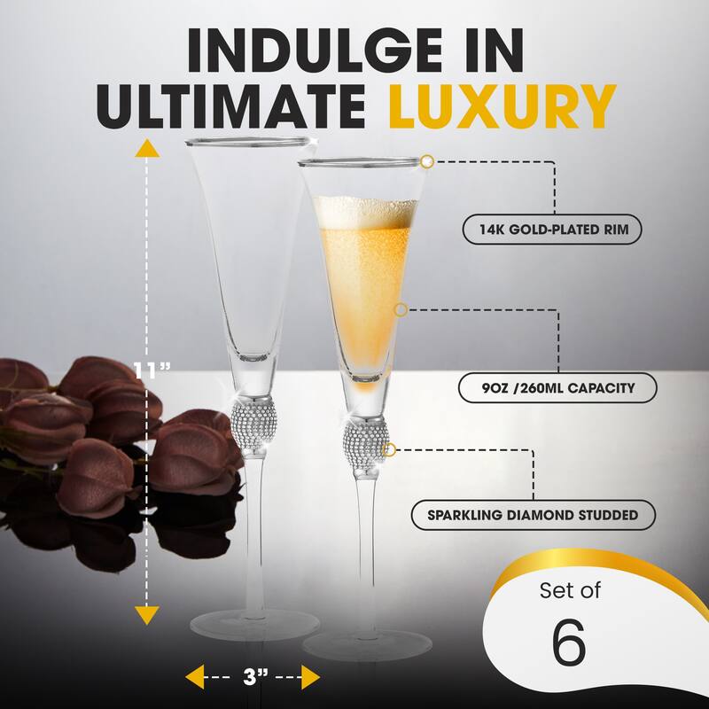 Berkware Luxurious Champagne Trumpet Flutes with Dazzling Rhinestone Rim