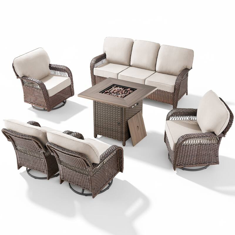 Pocassy Outdoor Sofa Ottoman Swivel Chair Table with Fire Table Set.