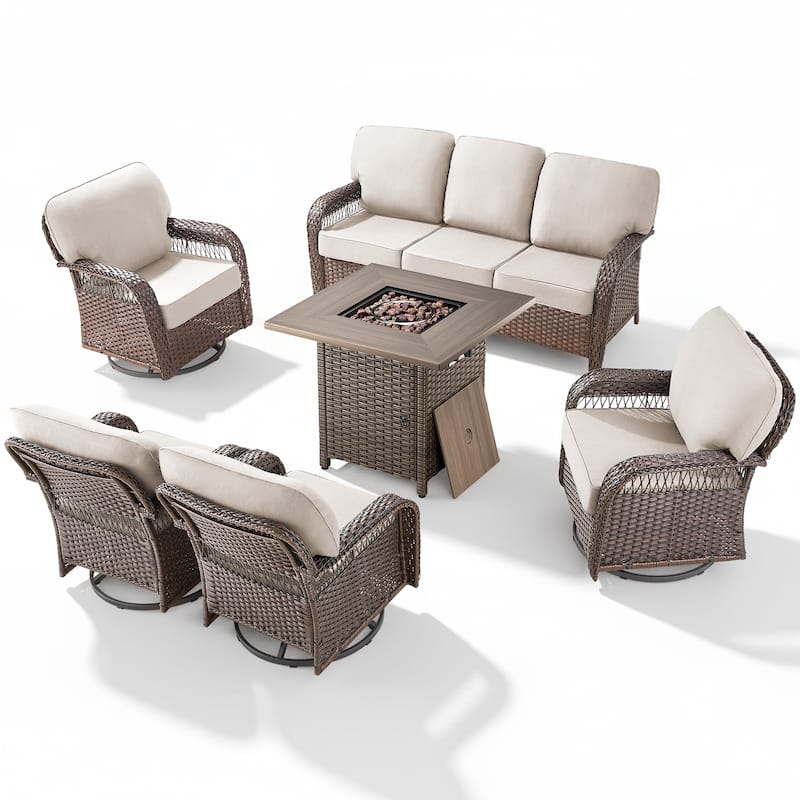 Pocassy Patio Outdoor Fire Table with Sofa Ottoman Swivel Chair Funiture Set.