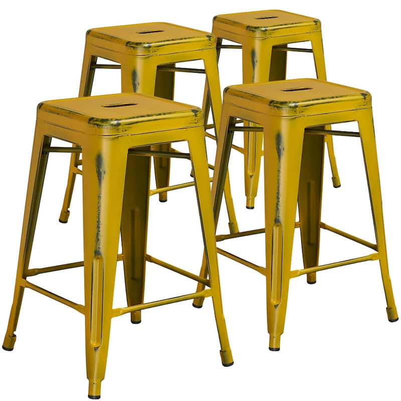 4 Pack 24" High Backless Distressed Metal Indoor-Outdoor Counter Height Stool