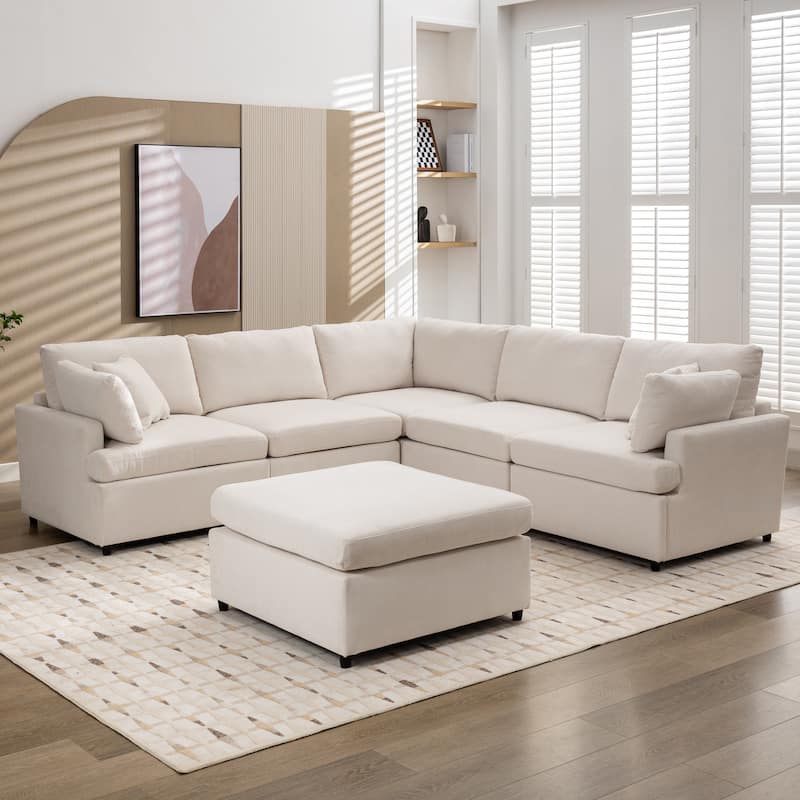 6-Seater U-Shape Sectional Sofa with Ottomans - Beige