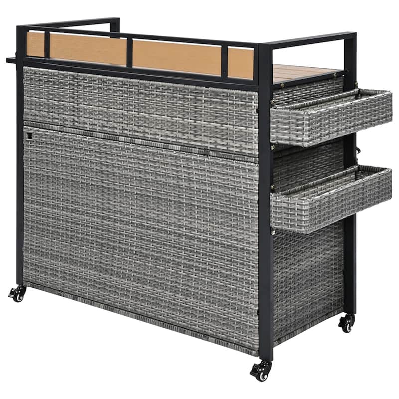 52.8"W Wicker Outdoor Grill Cart with Extended Plastic Wood Table Top
