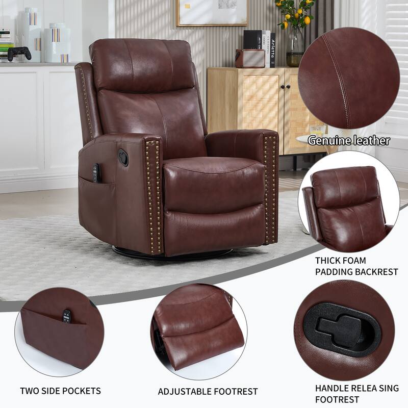 Roomfitters Genuine Leather Swivel Rocker Recliner, Manual Massage Glider with Heat and Top Grain Cowhide, Living Room