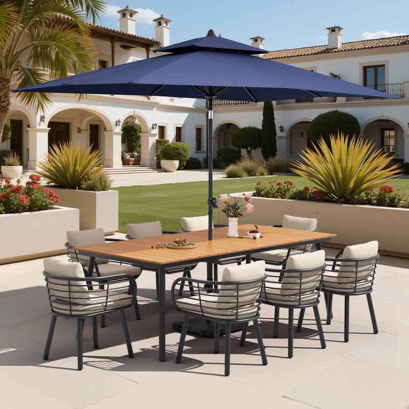 11-Piece Outdoor Patio Dining Set with Sunbrella Cushion Aluminum Dining Table and Chairs w/10 ft Umbrella and Base with Wheels