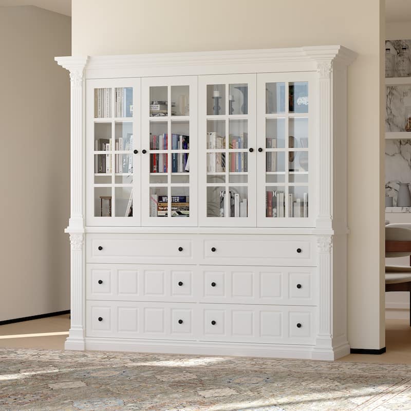 White Glass Door China Cabinet with Drawers, Large Buffet Hutch Sideboard Storage Cabinet for Dining Room - 74.8"x74.8"
