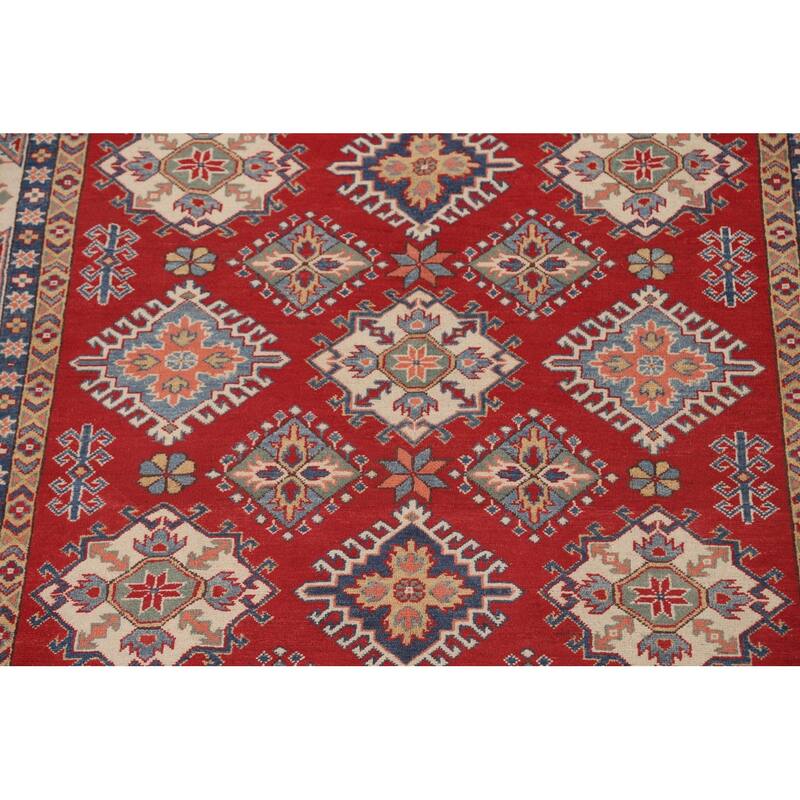 Geometric Kazak Area Rug Hand-Knotted Red Wool Carpet - 6'5" x 9'10"