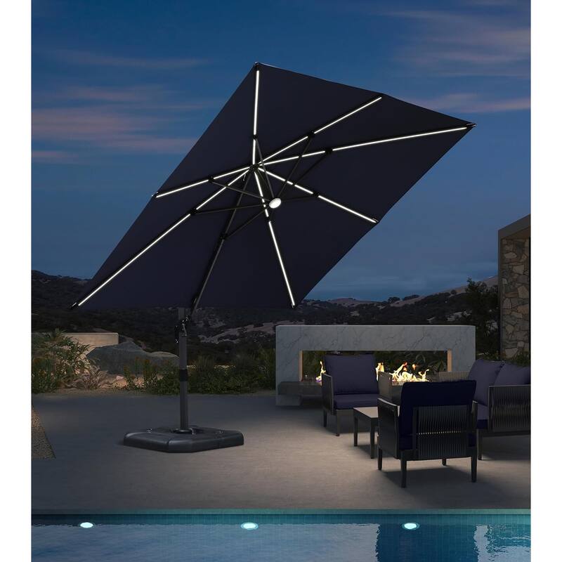 PURPLE LEAF 10 ft Square 360 Degree Rotation Patio Cantilever Umbrella - Navy Blue-with Light