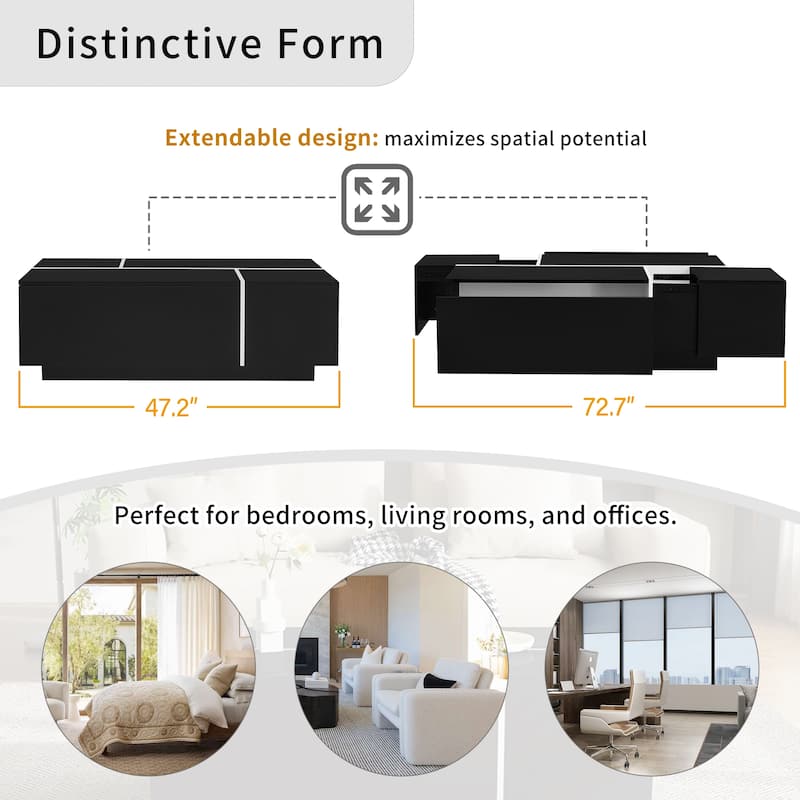 Space-Saving Extendable Coffee Table (47.2"-72.7") - Dual Storage & Glossy Finish‌