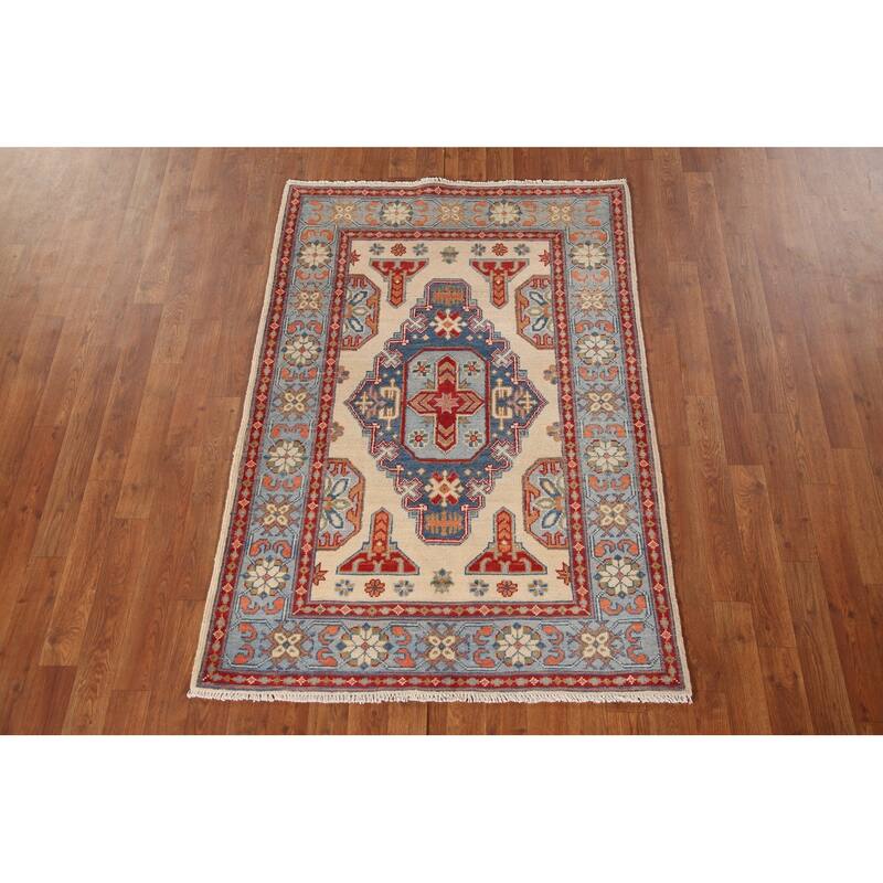 Ivory Geometric Kazak Oriental Accent Rug Handmade Wool Carpet - 3'5"x 4'11"