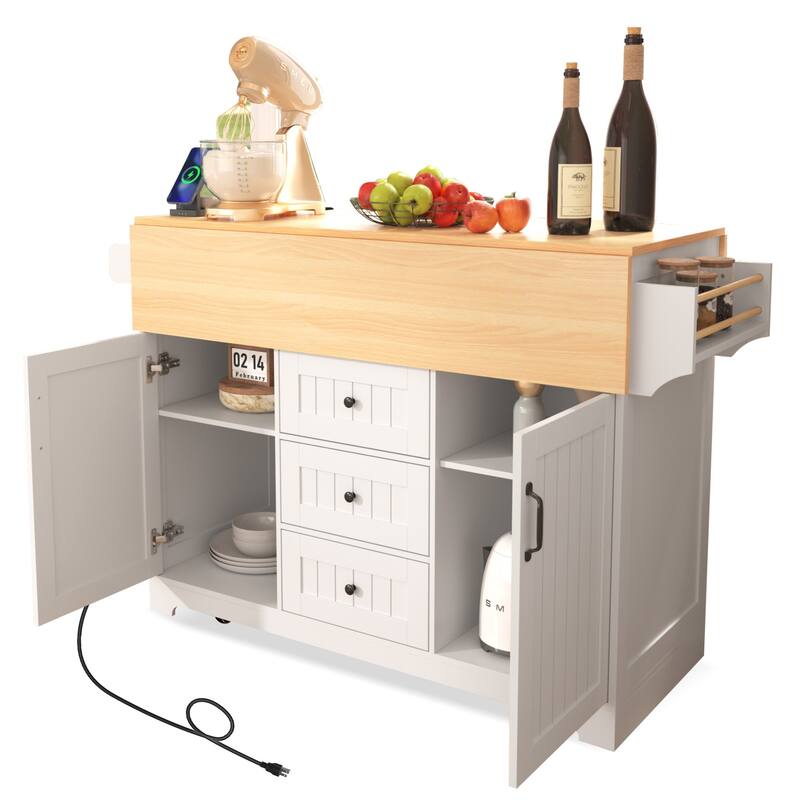 Anmytek 55.7" Rolling Kitchen Island with Drop Leaf, Power Outlet, Storage, White