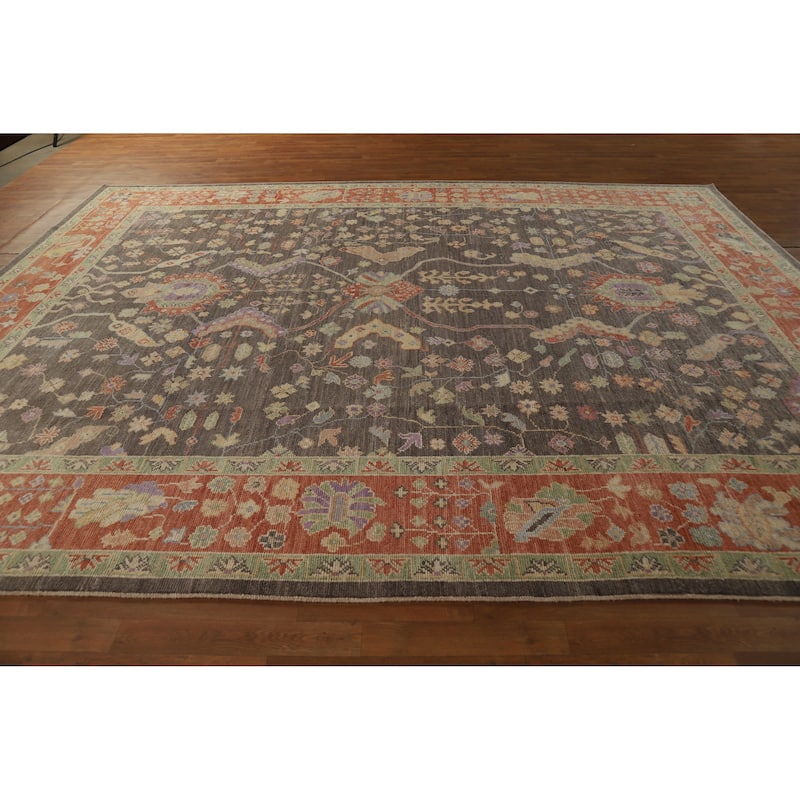 Hand Knotted Oriental 100% Wool Carpet Transitional All-Over Greys & Charcoal Oushak Area Rug - 12' 3'' X 9' 4''