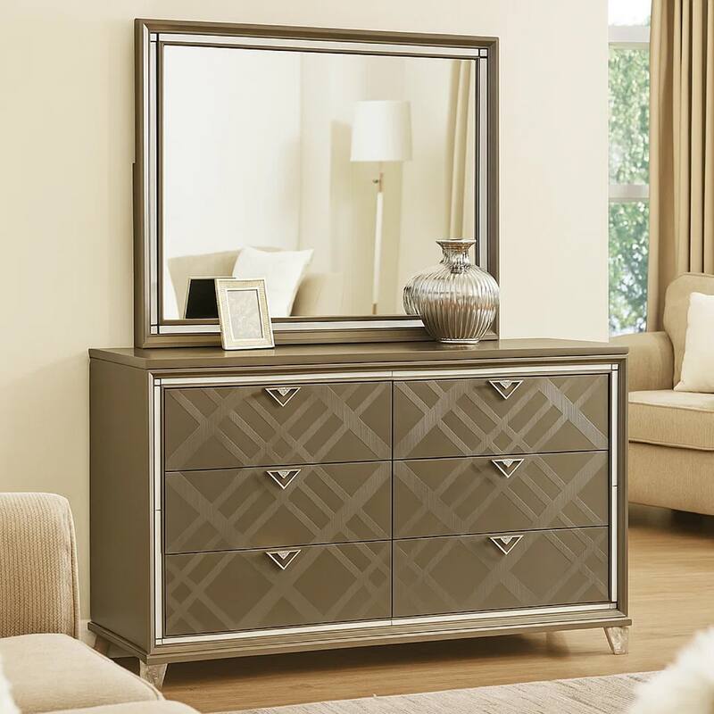 6 Drawer Wooden Dresser with Mirror Accent and Acrylic Legs, Taupe Brown