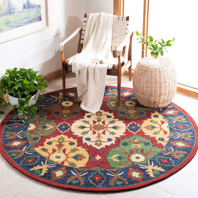 SAFAVIEH Handmade Heritage Faux Bois Traditional Wool Rug - 6' Round - Red/Blue