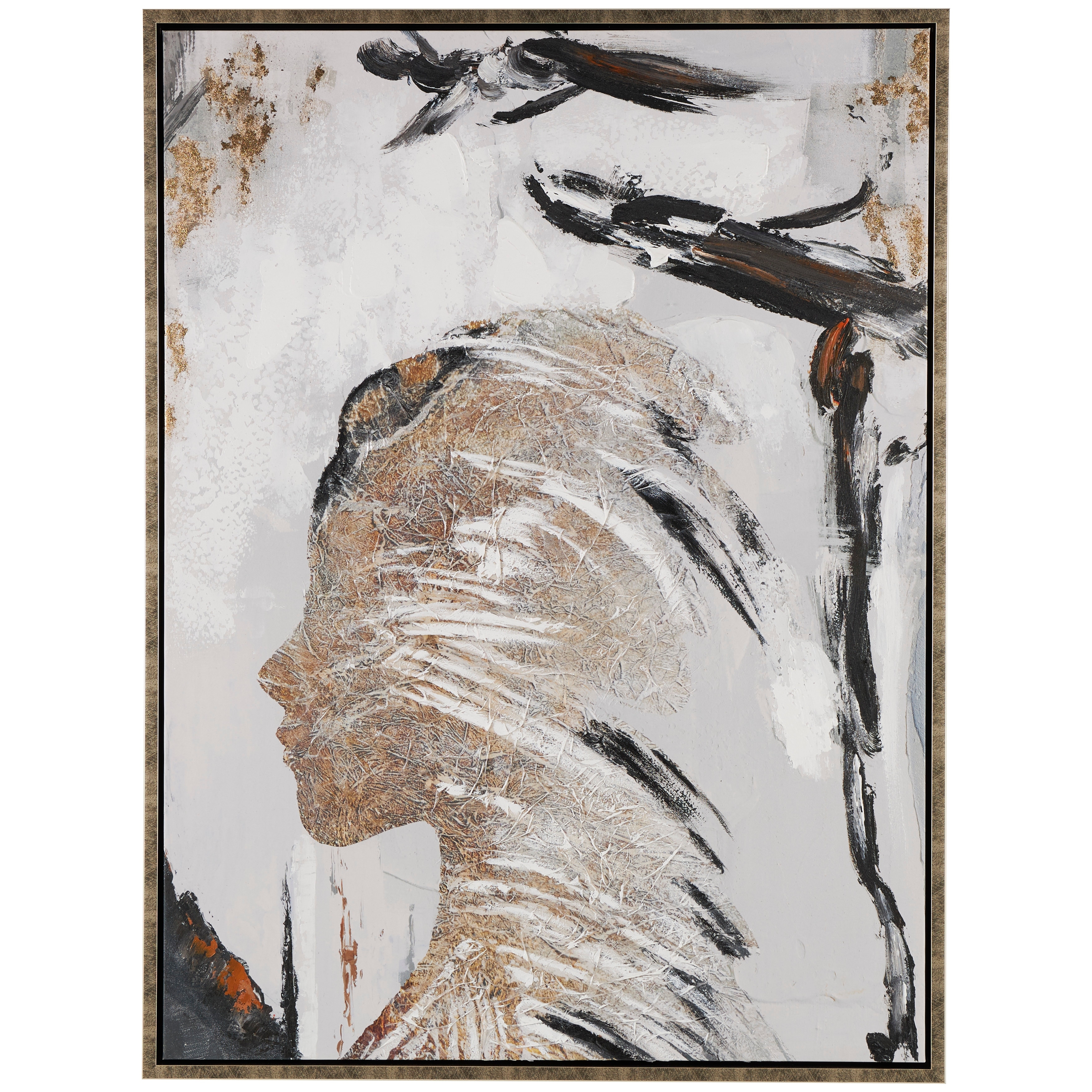 Canvas Abstract Women's Profile Framed Wall Art with Gold Foil Details and Black Accents - Brown - Roche River Decor