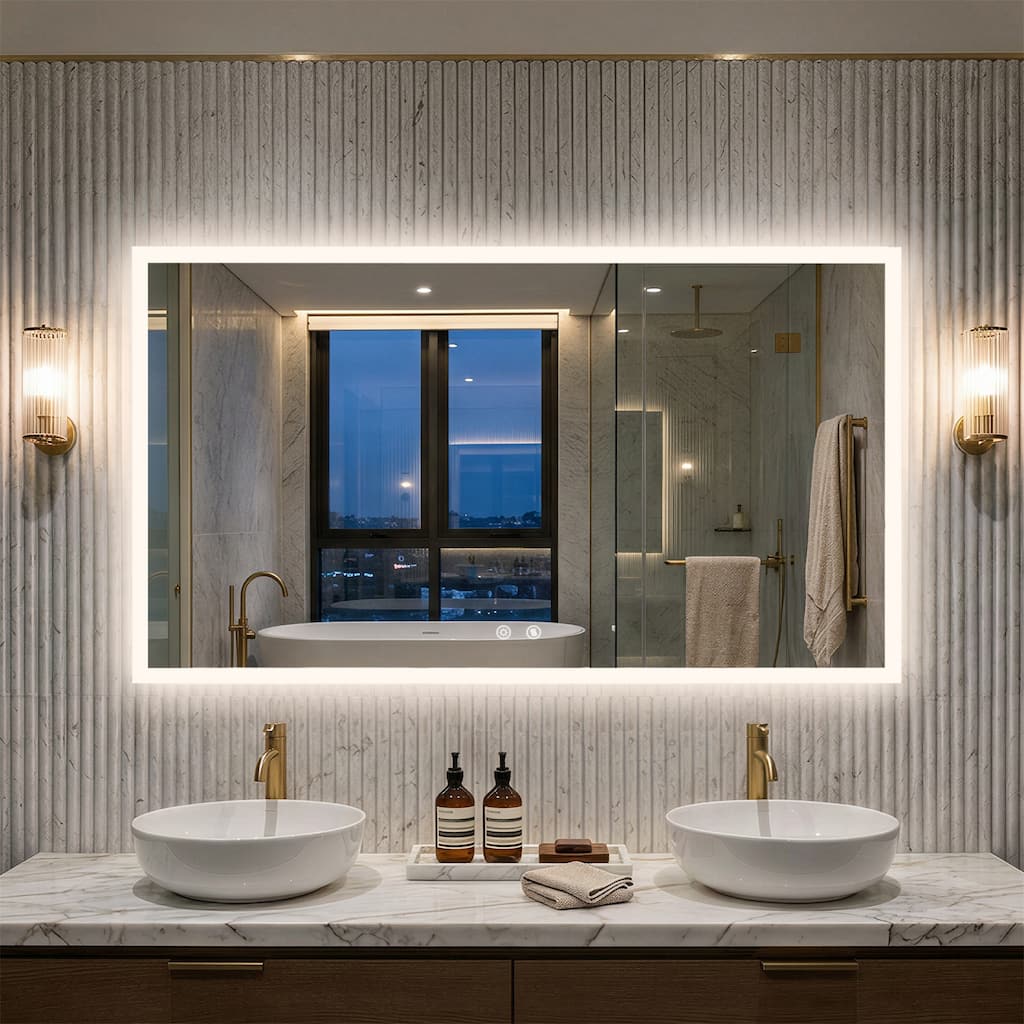 Extra Large Rectangular Lighted Wall Bathroom Mirror Frameless Tempered Glass LED Vanity Mirror
