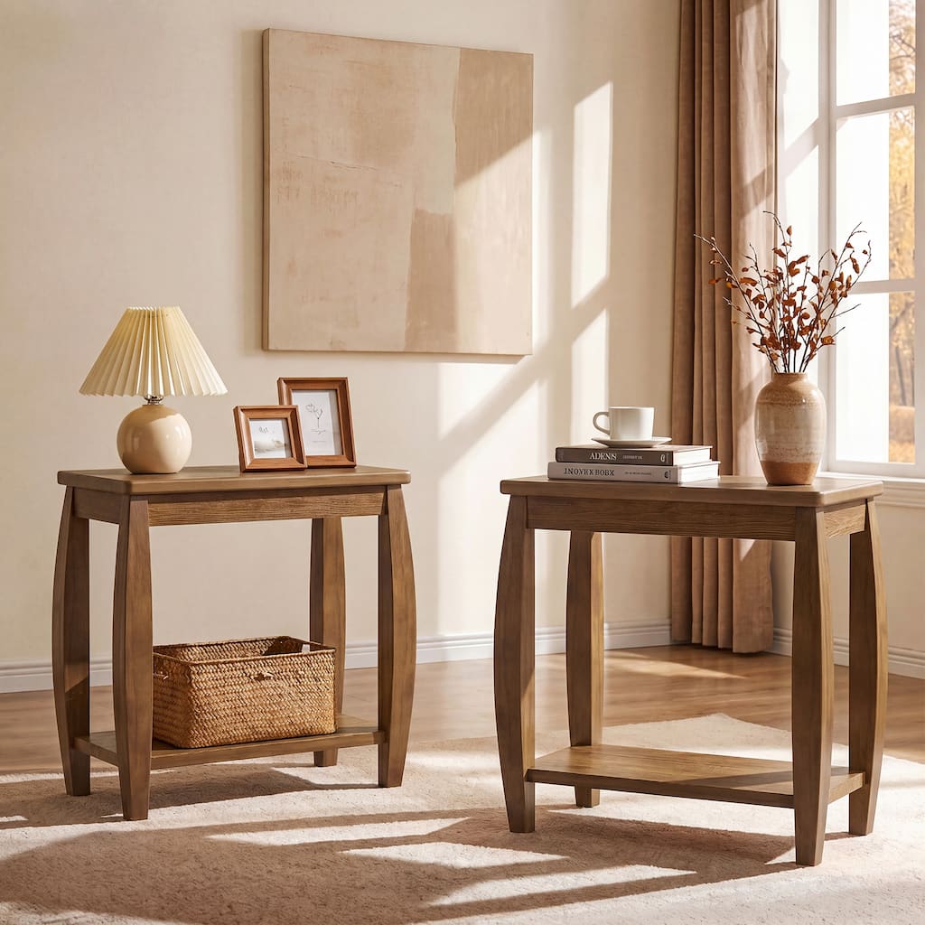 Brown Solid Wood End Table, 2-Tier FarmhouseNarrow Side Table