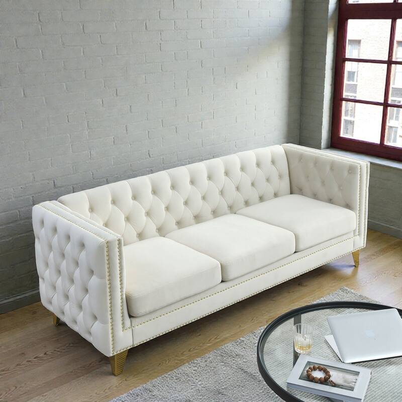 Modern Velvet Chesterfield Sofa for Living Room, Button-Tufted 3-Seater Couch with Square Arms and Metal Legs